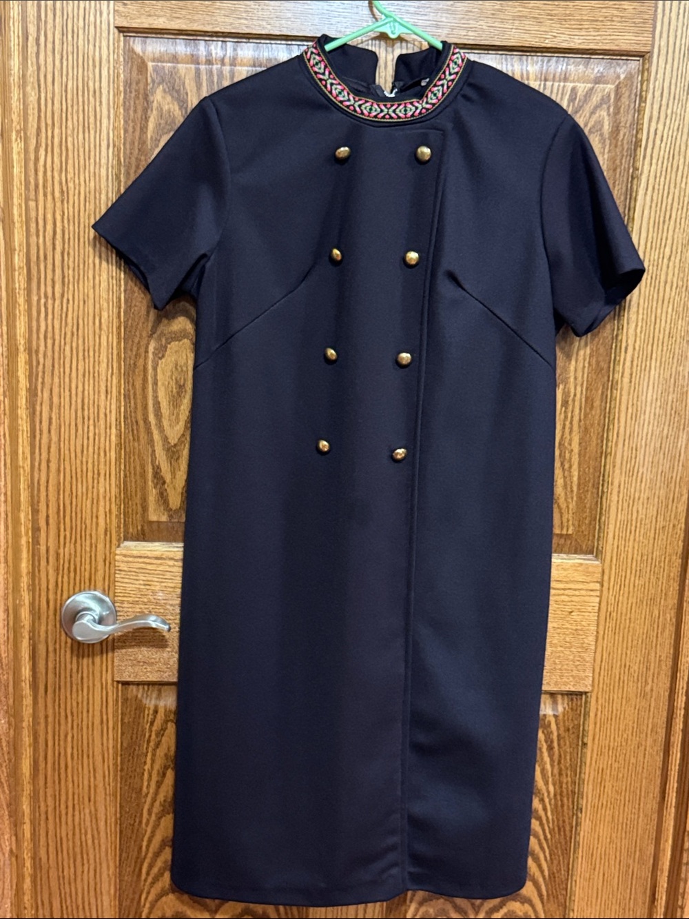 Dark Brown Short-Sleeve Shift Dress with Brass Button Detail